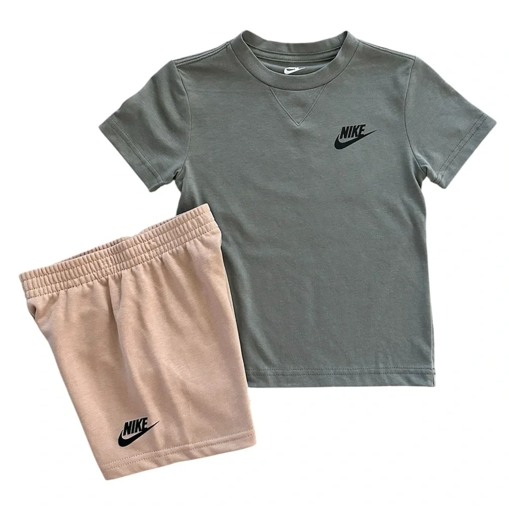 Nike Boys 2PC Set Size 4 NWT Olive Shirt Tan Shorts Logo Front & Back Outfit